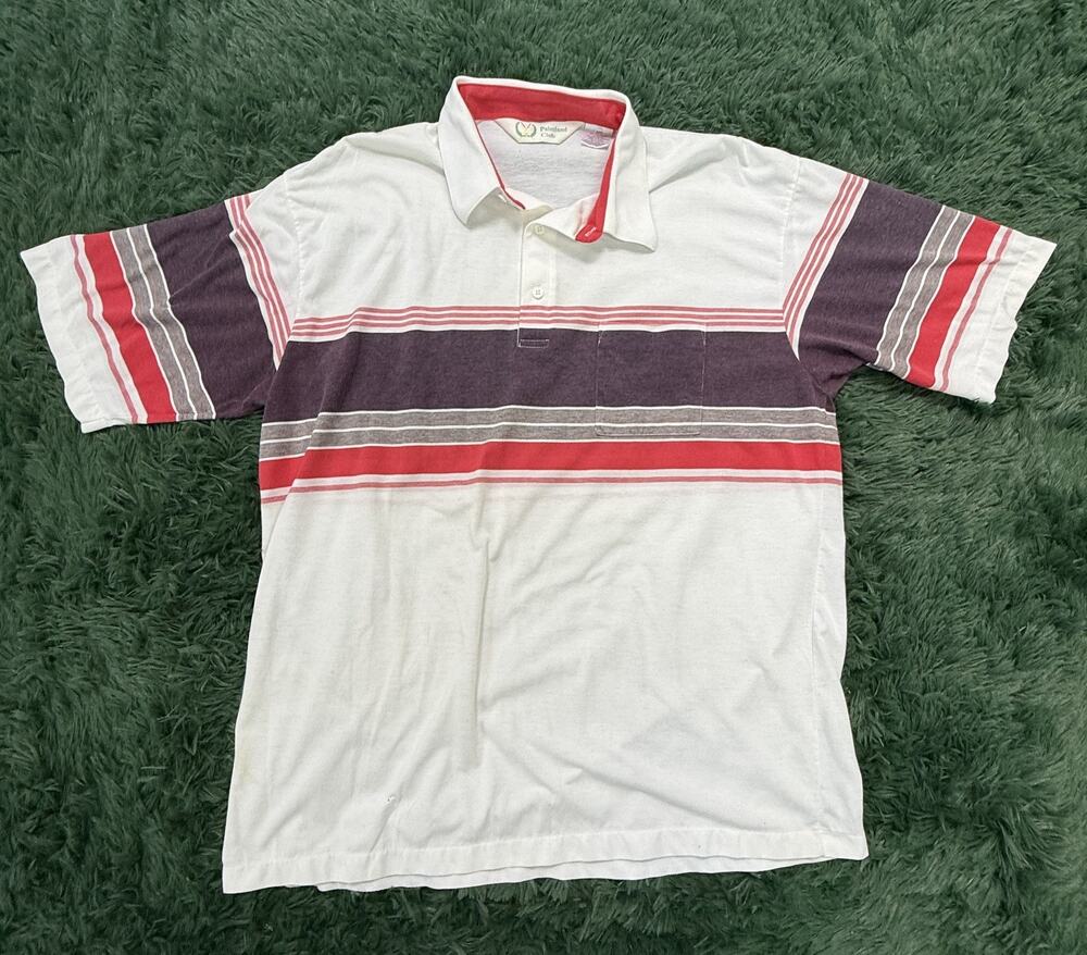 Palmland Club Men's XXL Polo Shirt White Red Purple Gray Stripes Golf Short VTG